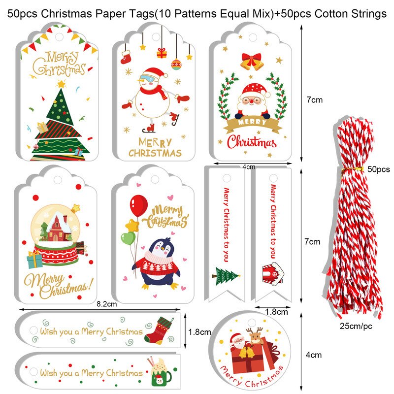 Cyuan 50pcs Christmas Gift Tags Santa Claus Snowflake Kraft Paper Tag with rope Label Xmas Gift for Xmas Party DIY Supplies