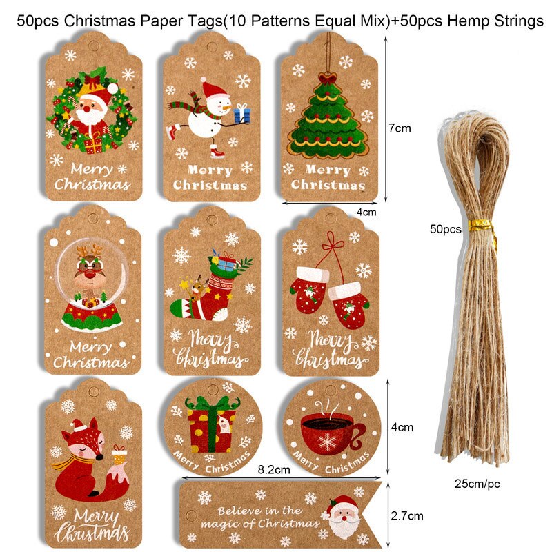 Cyuan 50pcs Christmas Gift Tags Santa Claus Snowflake Kraft Paper Tag with rope Label Xmas Gift for Xmas Party DIY Supplies