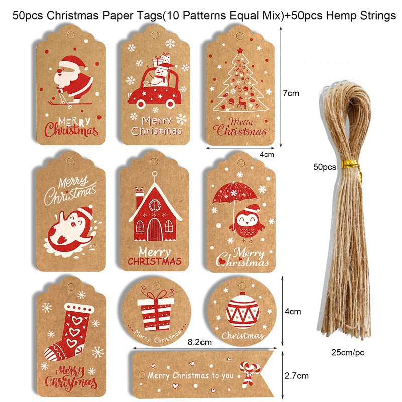 Cyuan 50pcs Christmas Gift Tags Santa Claus Snowflake Kraft Paper Tag with rope Label Xmas Gift for Xmas Party DIY Supplies