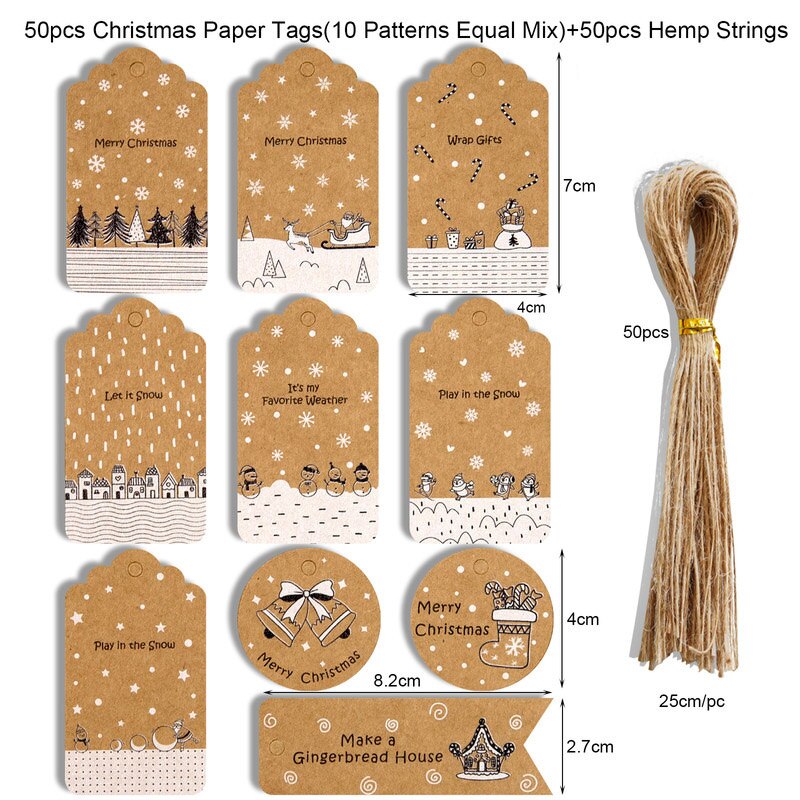 Cyuan 50pcs Christmas Gift Tags Santa Claus Snowflake Kraft Paper Tag with rope Label Xmas Gift for Xmas Party DIY Supplies