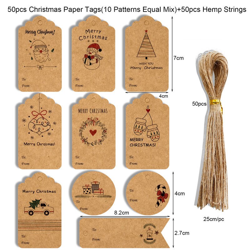 Cyuan 50pcs Christmas Gift Tags Santa Claus Snowflake Kraft Paper Tag with rope Label Xmas Gift for Xmas Party DIY Supplies