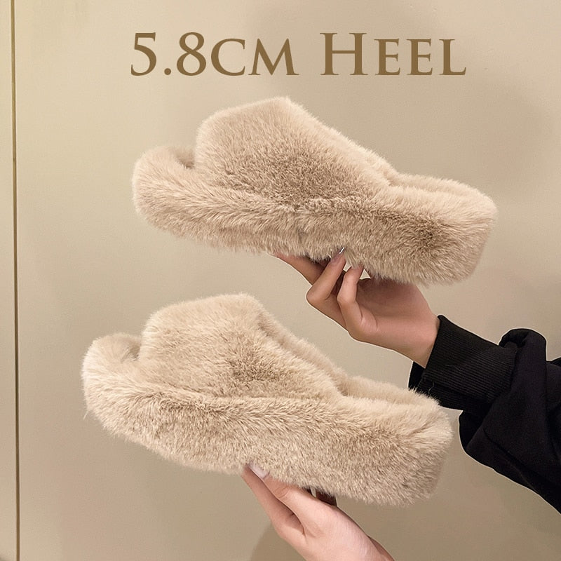 2022 Fashion High End Luxury Fur Women Furry Shoes Wedges Plus Size 35-42 High Heel Autumn Winter Indoor Casual Warm Furry Slippers