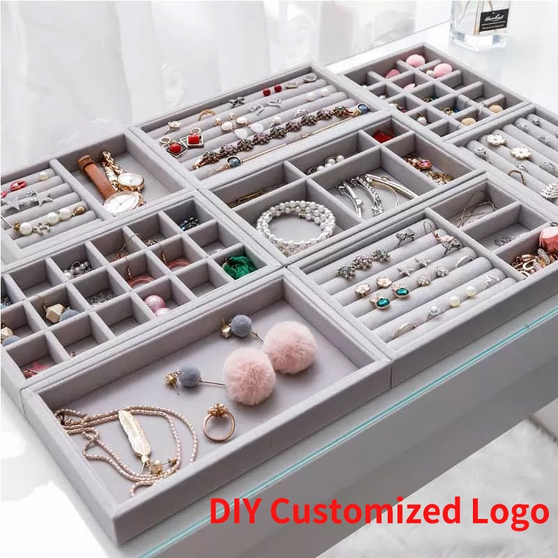 Handmade DIY Jewelry Box Drawer Storage Organizer Gray Soft Velvet Jewellery Earring Necklace Pendant Bracelet Tray 9 Options