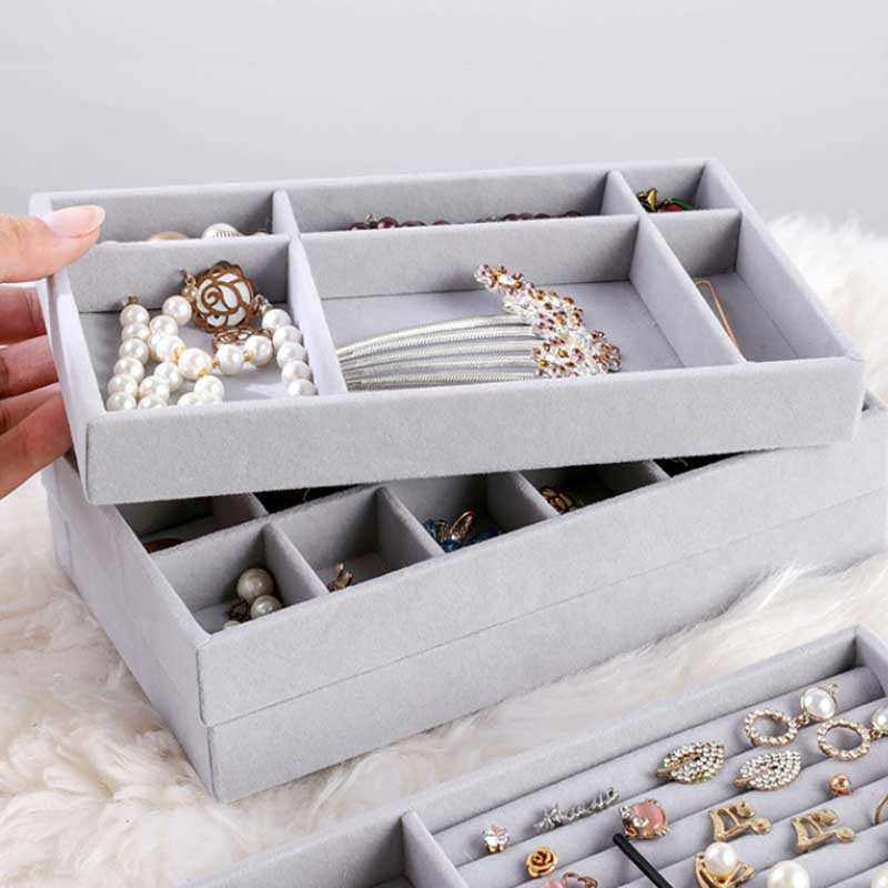 Handmade DIY Jewelry Box Drawer Storage Organizer Gray Soft Velvet Jewellery Earring Necklace Pendant Bracelet Tray 9 Options