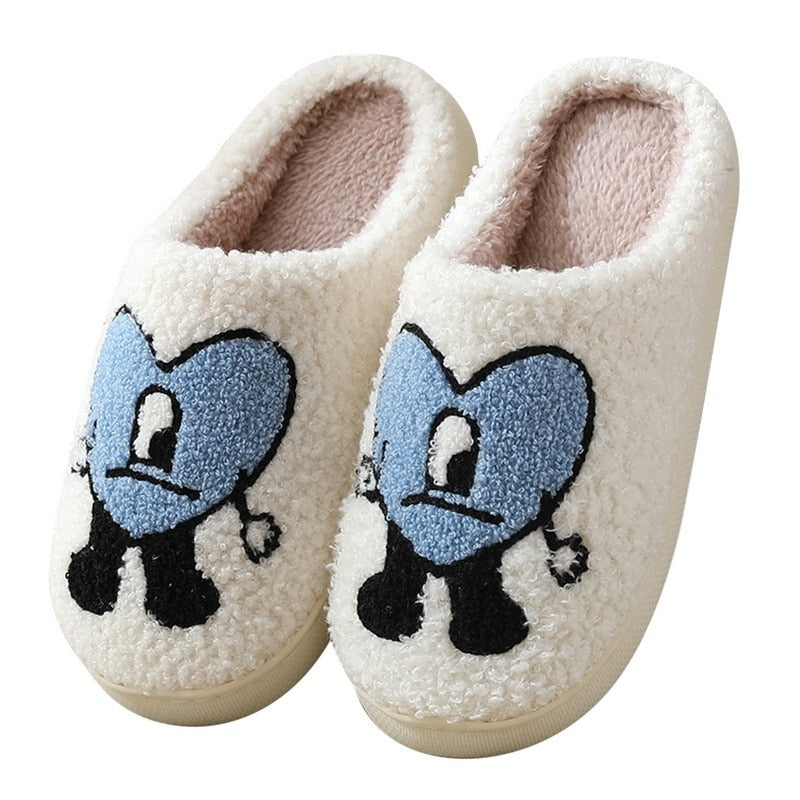 Hot Winter Big Smiley Pattern Women Fur Slippers House Couples Men Fluffy Slides Autumn Warm Plush Bedroom Ladies Cotton Shoes