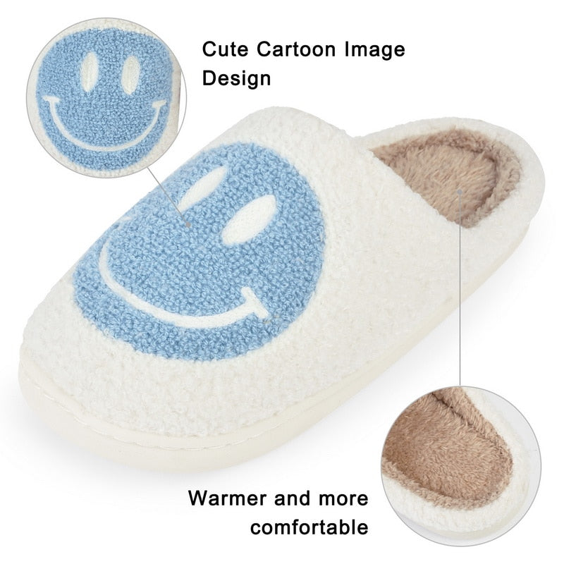 Hot Winter Big Smiley Pattern Women Fur Slippers House Couples Men Fluffy Slides Autumn Warm Plush Bedroom Ladies Cotton Shoes