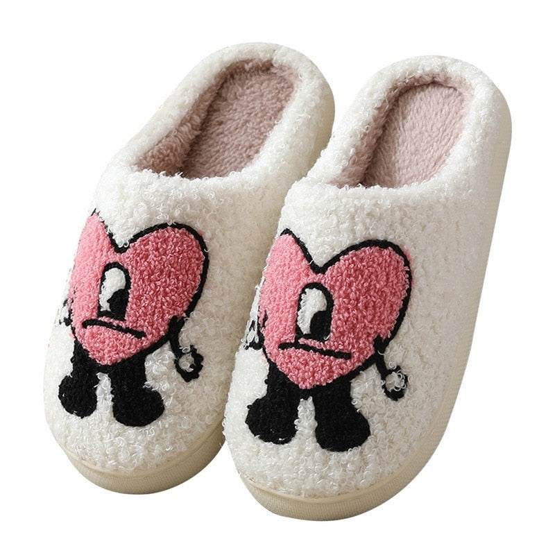 Hot Winter Big Smiley Pattern Women Fur Slippers House Couples Men Fluffy Slides Autumn Warm Plush Bedroom Ladies Cotton Shoes