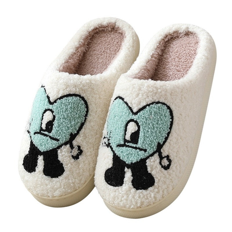 Hot Winter Big Smiley Pattern Women Fur Slippers House Couples Men Fluffy Slides Autumn Warm Plush Bedroom Ladies Cotton Shoes