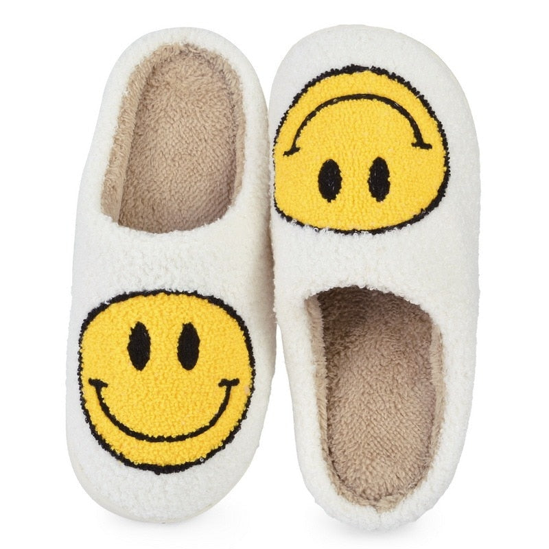 Hot Winter Big Smiley Pattern Women Fur Slippers House Couples Men Fluffy Slides Autumn Warm Plush Bedroom Ladies Cotton Shoes