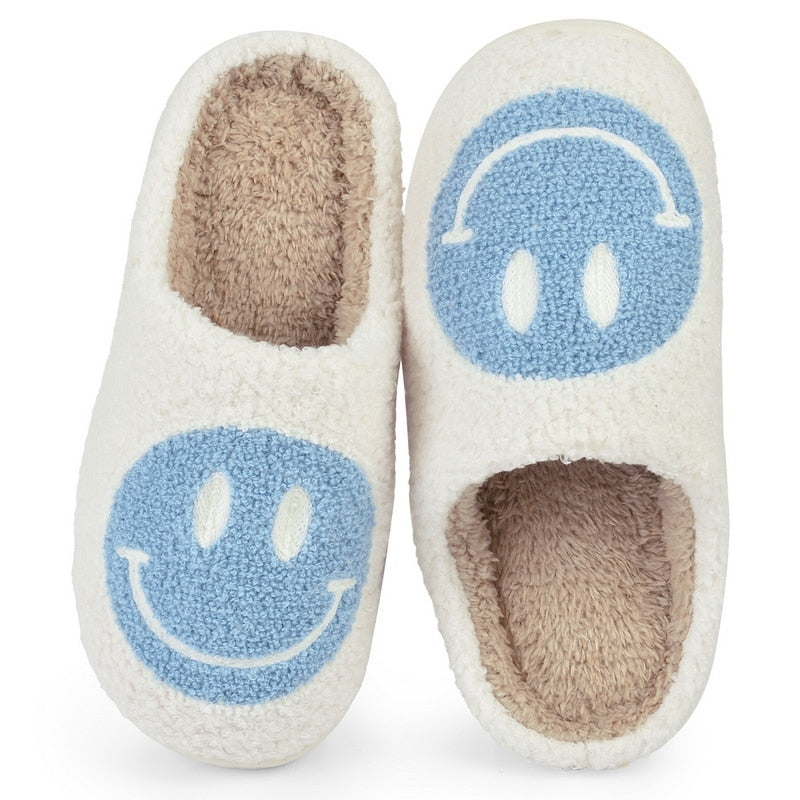 Hot Winter Big Smiley Pattern Women Fur Slippers House Couples Men Fluffy Slides Autumn Warm Plush Bedroom Ladies Cotton Shoes