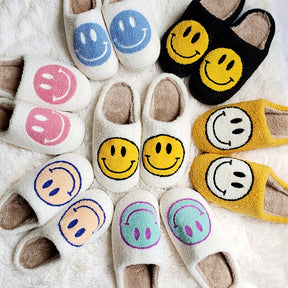 Hot Winter Big Smiley Pattern Women Fur Slippers House Couples Men Fluffy Slides Autumn Warm Plush Bedroom Ladies Cotton Shoes