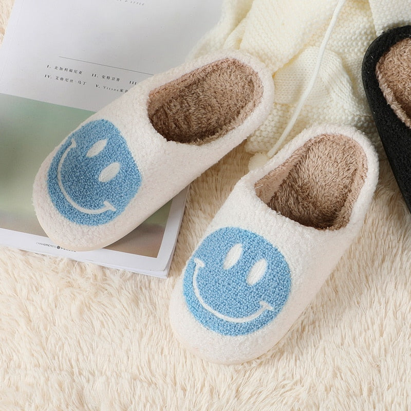 Hot Winter Big Smiley Pattern Women Fur Slippers House Couples Men Fluffy Slides Autumn Warm Plush Bedroom Ladies Cotton Shoes