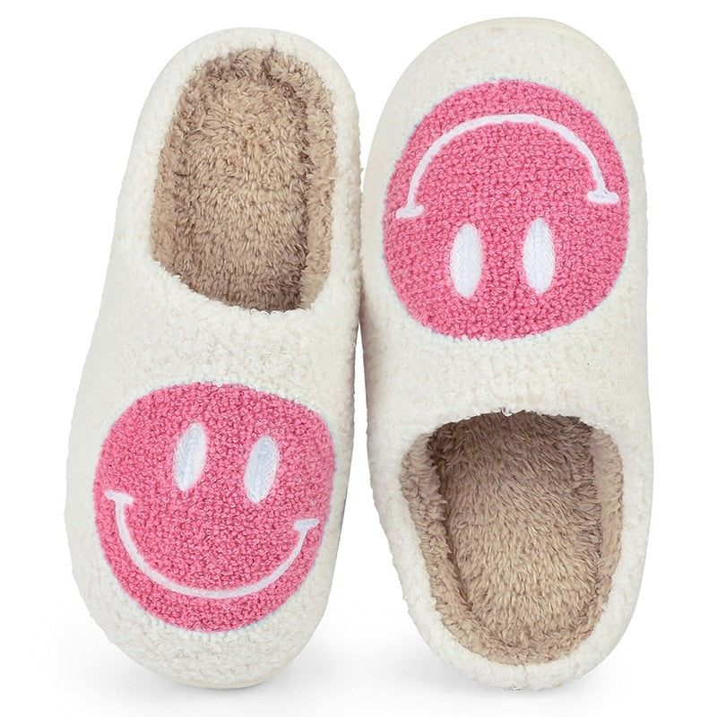 Hot Winter Big Smiley Pattern Women Fur Slippers House Couples Men Fluffy Slides Autumn Warm Plush Bedroom Ladies Cotton Shoes