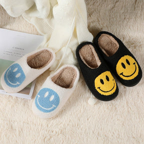 Hot Winter Big Smiley Pattern Women Fur Slippers House Couples Men Fluffy Slides Autumn Warm Plush Bedroom Ladies Cotton Shoes