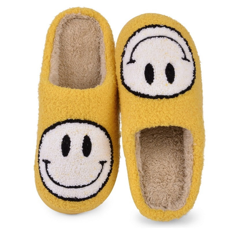 Hot Winter Big Smiley Pattern Women Fur Slippers House Couples Men Fluffy Slides Autumn Warm Plush Bedroom Ladies Cotton Shoes