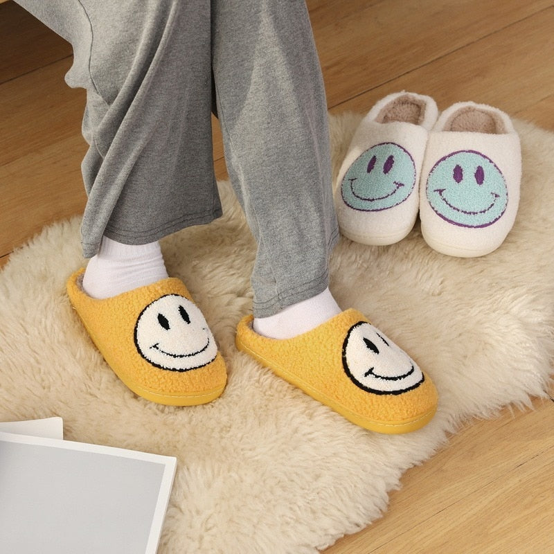 Hot Winter Big Smiley Pattern Women Fur Slippers House Couples Men Fluffy Slides Autumn Warm Plush Bedroom Ladies Cotton Shoes