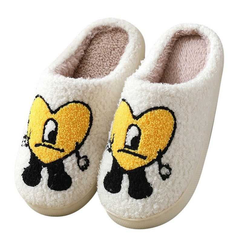 Hot Winter Big Smiley Pattern Women Fur Slippers House Couples Men Fluffy Slides Autumn Warm Plush Bedroom Ladies Cotton Shoes