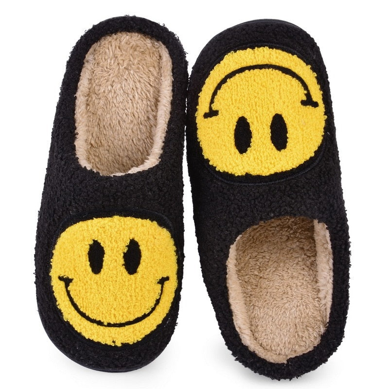 Hot Winter Big Smiley Pattern Women Fur Slippers House Couples Men Fluffy Slides Autumn Warm Plush Bedroom Ladies Cotton Shoes