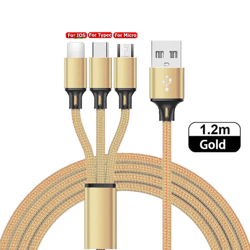 3 In 1 Fast Charging Cord For iPhone Huawei Micro USB Type C Charger Cable Multi Usb Port Multiple Usb Charging Cord