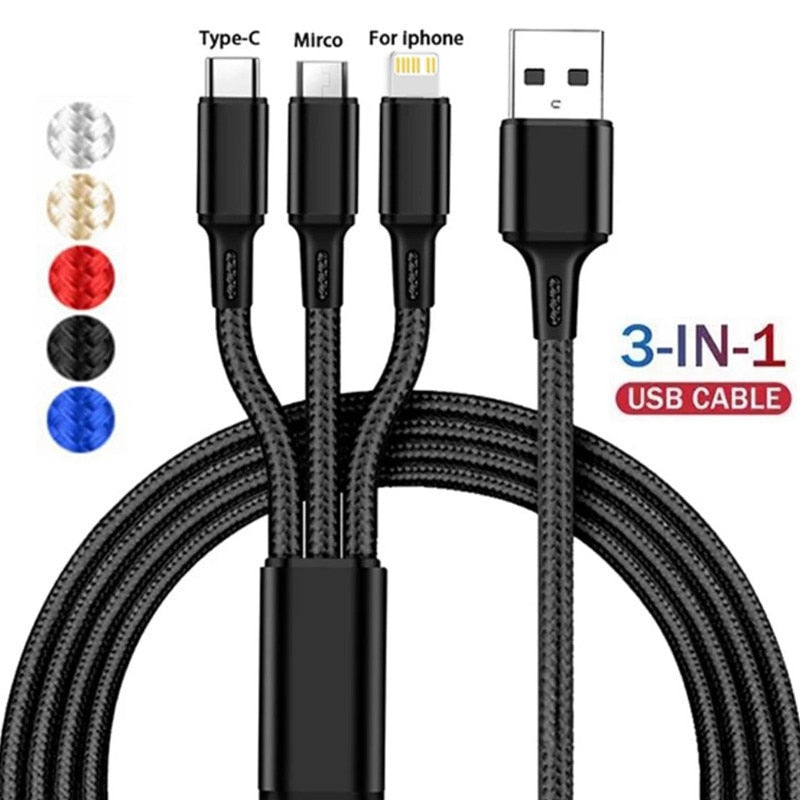 3 In 1 Fast Charging Cord For iPhone Huawei Micro USB Type C Charger Cable Multi Usb Port Multiple Usb Charging Cord