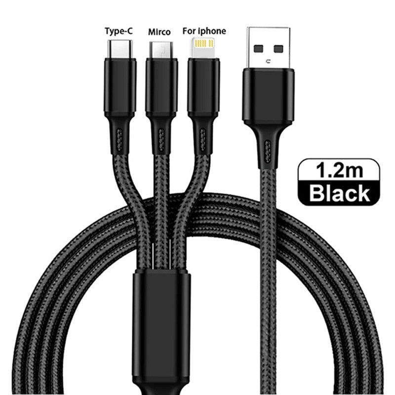 3 In 1 Fast Charging Cord For iPhone Huawei Micro USB Type C Charger Cable Multi Usb Port Multiple Usb Charging Cord