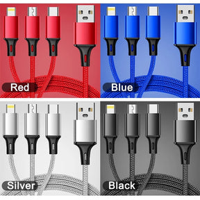 3 In 1 Fast Charging Cord For iPhone Huawei Micro USB Type C Charger Cable Multi Usb Port Multiple Usb Charging Cord