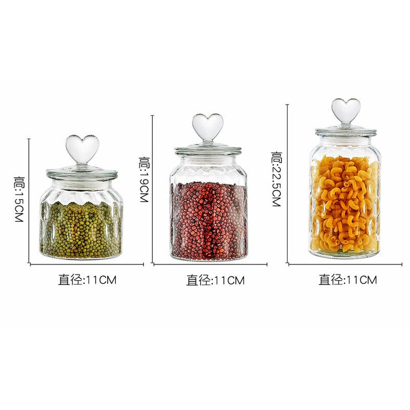 Modern Heart-shaped Sealed Glass Jar Kitchen Seasoning Coffee Bean Jar Transparent Glass Jar Candy Food Glass Storage Container