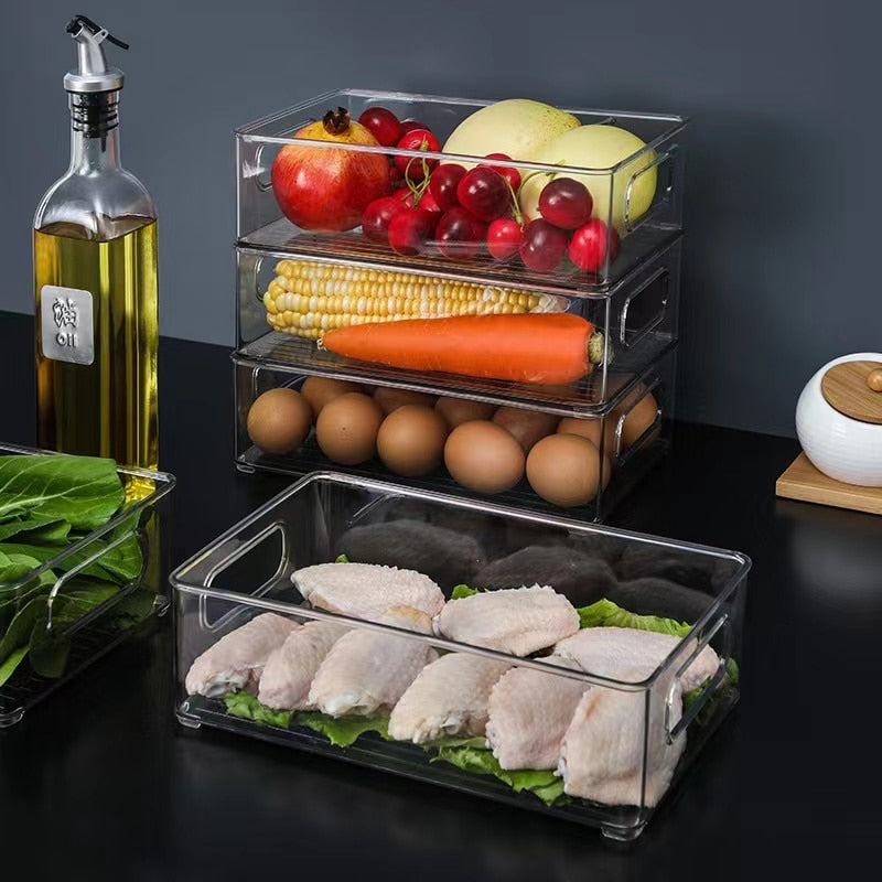 Refrigerator Organizer Bin Stackable Food Fridge Storage Box With Handle Clear Plastic Food Freezer Pantry kitchen Organizer