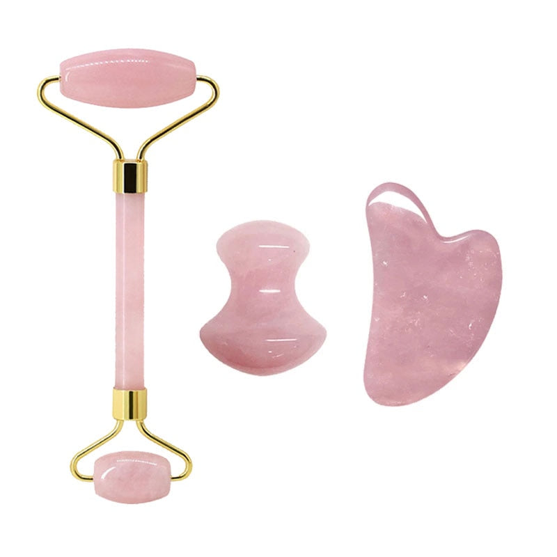 Rose Quartz Face Jade Roller Massagers Guasha Set Gua Sha Tools Natural Stone Gouache Scraper For Facial Massage Beauty Tool