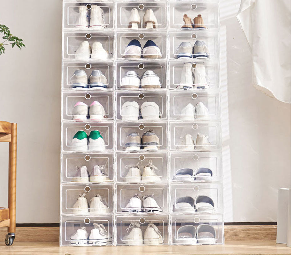 6pcs/Set Fold Plastic Shoes Case Thickened Transparent Drawer Case Plastic Shoe Boxes Stackable Box Shoe Organizer Shoebox