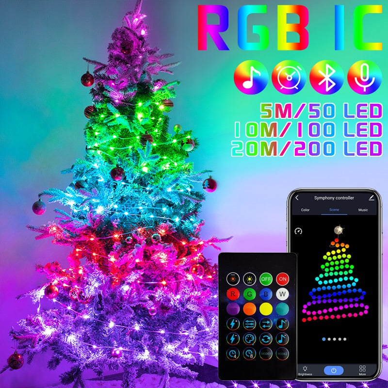 Christmas Tree RGB Lights Smart Bluetooth Control USB LED String Lamp Outdoor App Remote Control Garland Fairy Lights Decoration