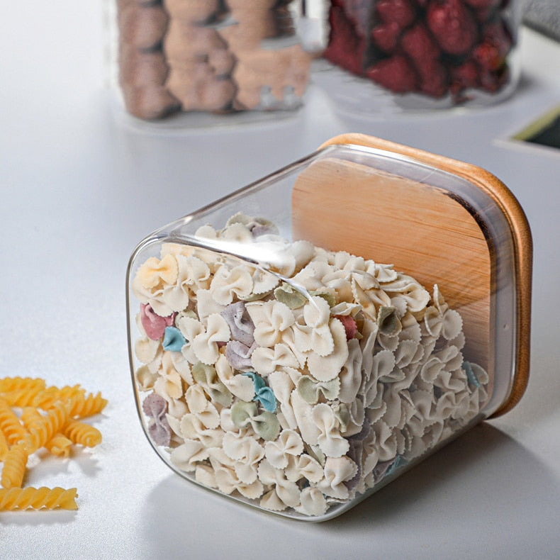 Square Sealed Glass Bottles Jars New Tea Coffee Beans Transparent Storage Boxes Candy and Snack Tins with Bamboo Lid