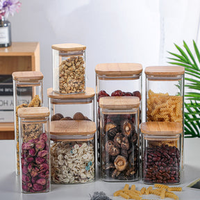 Square Sealed Glass Bottles Jars New Tea Coffee Beans Transparent Storage Boxes Candy and Snack Tins with Bamboo Lid