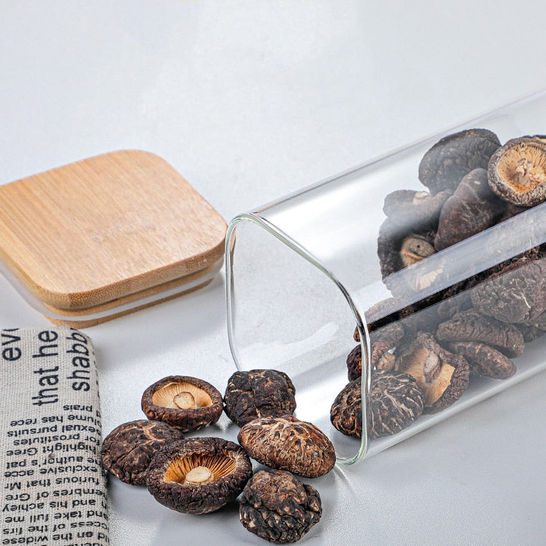 Square Sealed Glass Bottles Jars New Tea Coffee Beans Transparent Storage Boxes Candy and Snack Tins with Bamboo Lid