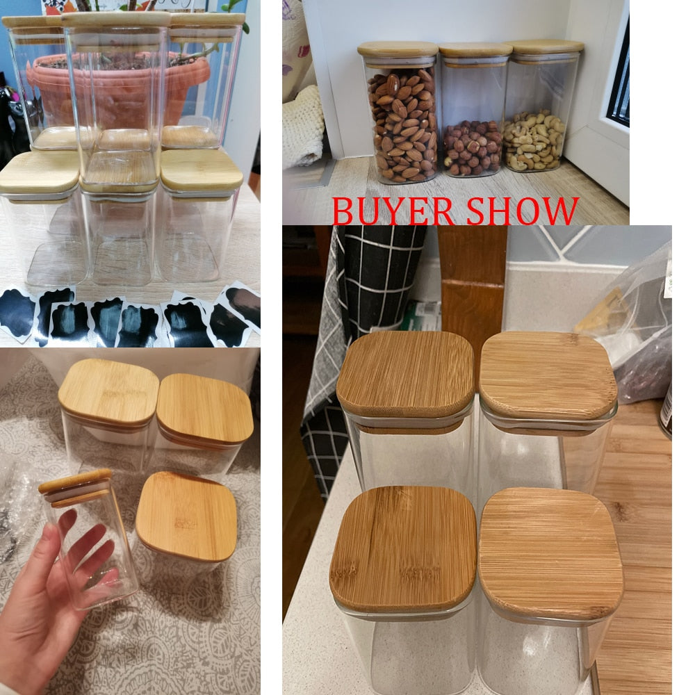 Square Sealed Glass Bottles Jars New Tea Coffee Beans Transparent Storage Boxes Candy and Snack Tins with Bamboo Lid