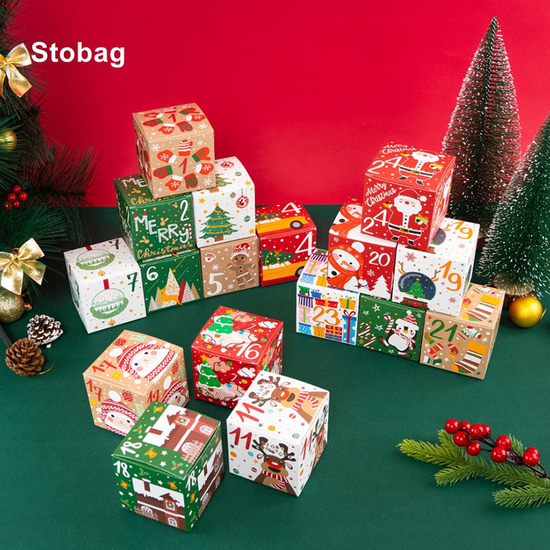 StoBag 24pcs/1set Merry Christmas Kraft Paper Gift Box Decoration Candy Chocolate Packaging Handmade Child New Year Party Favors