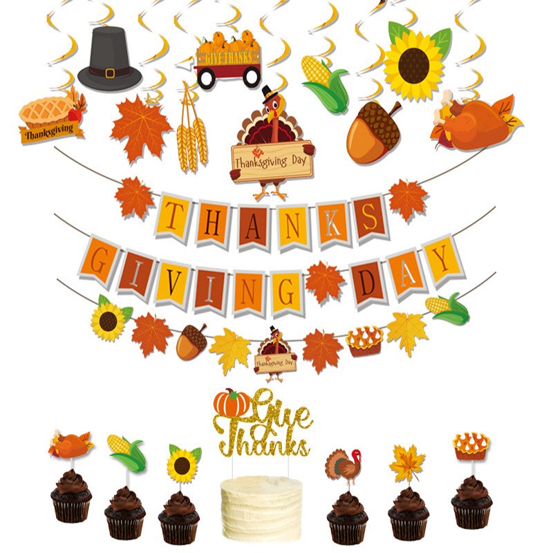 Thanksgiving Door Hanging Thanksgiving Letter Banner Turkey Cake Insert Topper Thanksgiving Maple Leaf Garland Party Decoration