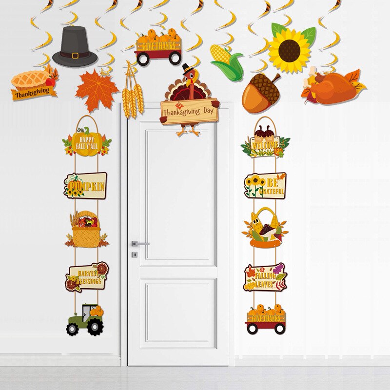 Thanksgiving Door Hanging Thanksgiving Letter Banner Turkey Cake Insert Topper Thanksgiving Maple Leaf Garland Party Decoration