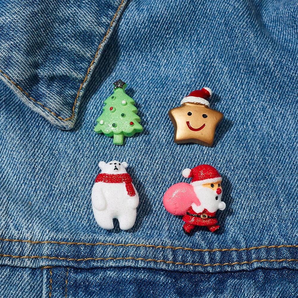 Trendy Christmas Brooch Set with Paper Card Santa Claus Crutches Elk Acrylic Snowman Hat Christmas Brooch Badges Pins for Women