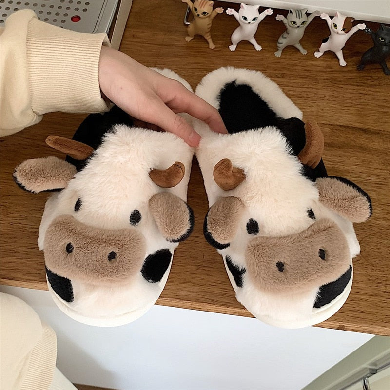 Upgrate Cute Animal Slipper For Women Girls Kawaii Fluffy Winter Warm Slippers Woman Cartoon Milk Cow House Slippers Funny Shoes