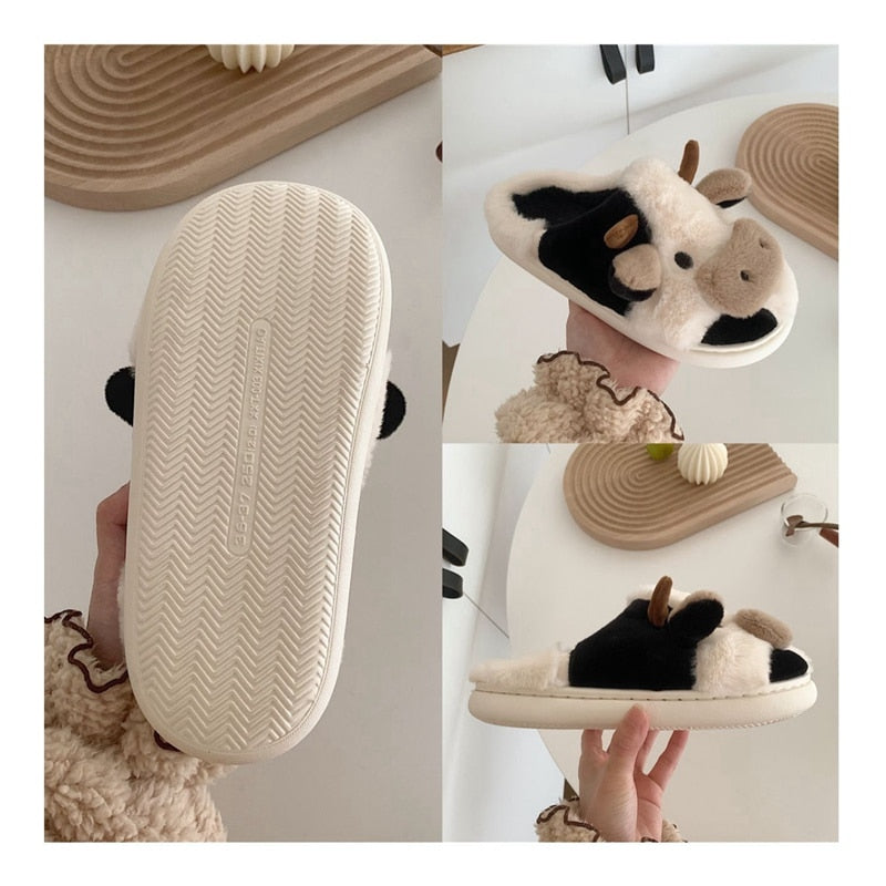 Upgrate Cute Animal Slipper For Women Girls Kawaii Fluffy Winter Warm Slippers Woman Cartoon Milk Cow House Slippers Funny Shoes