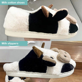 Upgrate Cute Animal Slipper For Women Girls Kawaii Fluffy Winter Warm Slippers Woman Cartoon Milk Cow House Slippers Funny Shoes