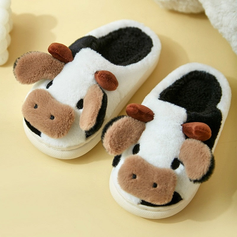 Upgrate Cute Animal Slipper For Women Girls Kawaii Fluffy Winter Warm Slippers Woman Cartoon Milk Cow House Slippers Funny Shoes