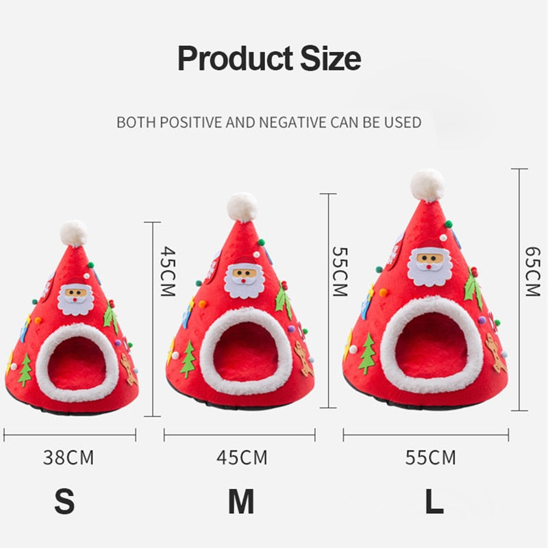 Warm Pet Bed Christmas Hat Shape Cat Kennel House Soft Plush Nest Puppy Small Cat Sleeping Beds Tent Portable Pet Cushion Mat