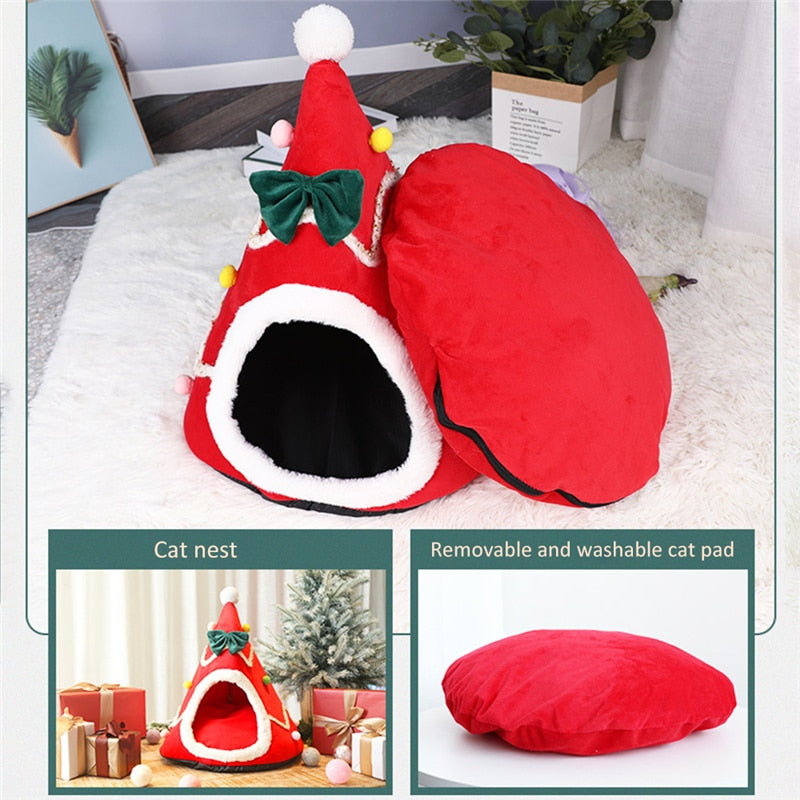 Warm Pet Bed Christmas Hat Shape Cat Kennel House Soft Plush Nest Puppy Small Cat Sleeping Beds Tent Portable Pet Cushion Mat