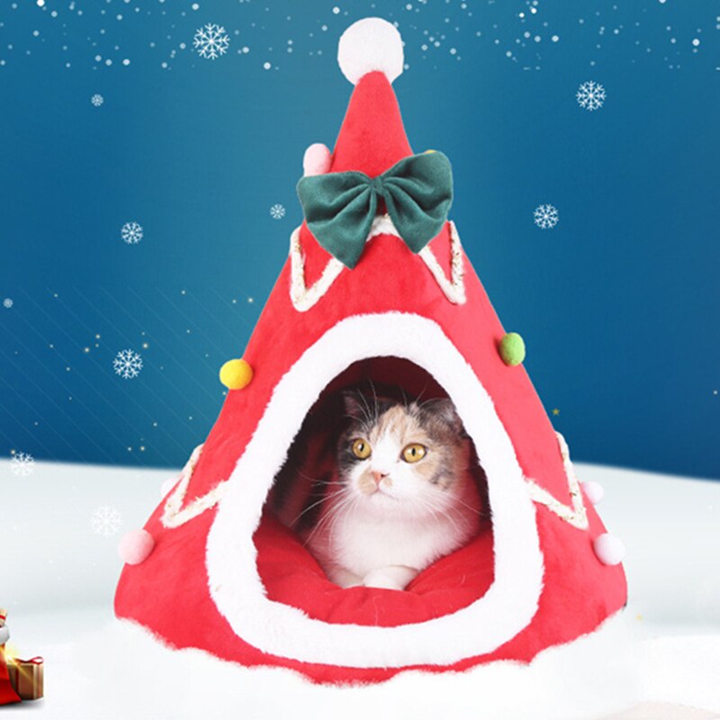 Warm Pet Bed Christmas Hat Shape Cat Kennel House Soft Plush Nest Puppy Small Cat Sleeping Beds Tent Portable Pet Cushion Mat