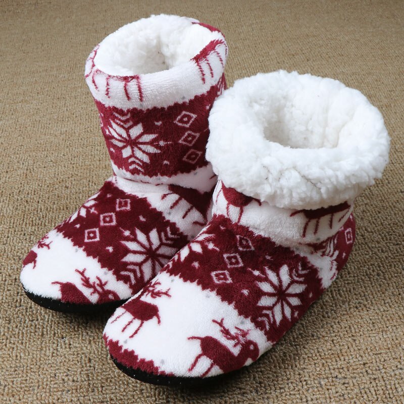 Winter Floor Shoes Woman Hoouse Slippers Christmas Elk Indoor Socks Shoes Warm Fur Contton Slipper Plush Insole Anti-Skid Sole