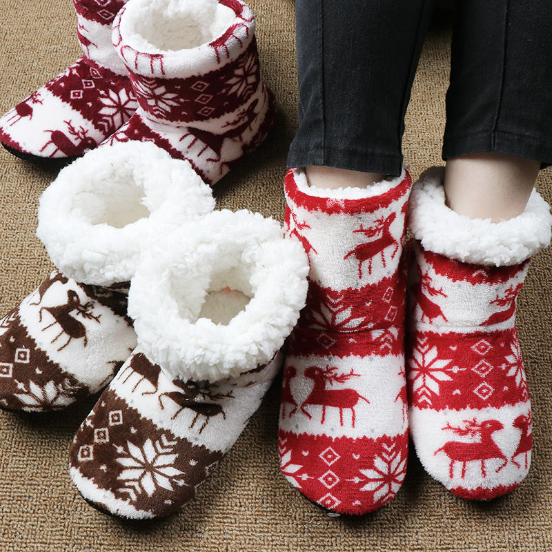 Winter Floor Shoes Woman Hoouse Slippers Christmas Elk Indoor Socks Shoes Warm Fur Contton Slipper Plush Insole Anti-Skid Sole