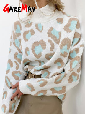 Winter Women's Sweater 2022 Leopard Print Animal Basic White Turtleneck Oversize Jumper Vintage Warm Knitted Sweaters for Women