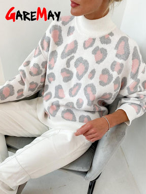 Winter Women's Sweater 2022 Leopard Print Animal Basic White Turtleneck Oversize Jumper Vintage Warm Knitted Sweaters for Women